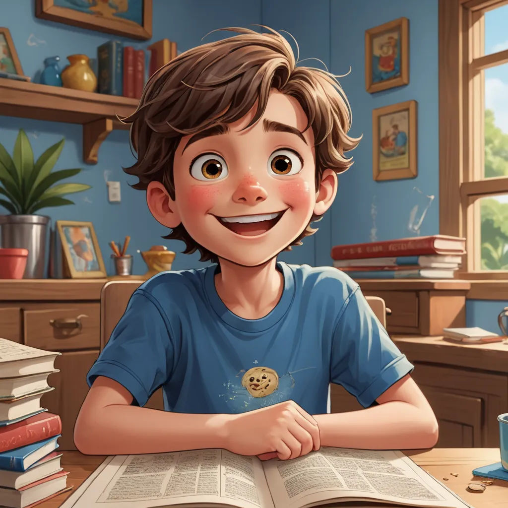 a boy is sitting at a table with a book and a cup of coffee in front of him and a book on the table, photorealism, a storybook illustration, Alejandro Burdisio, rossdraws global illumination