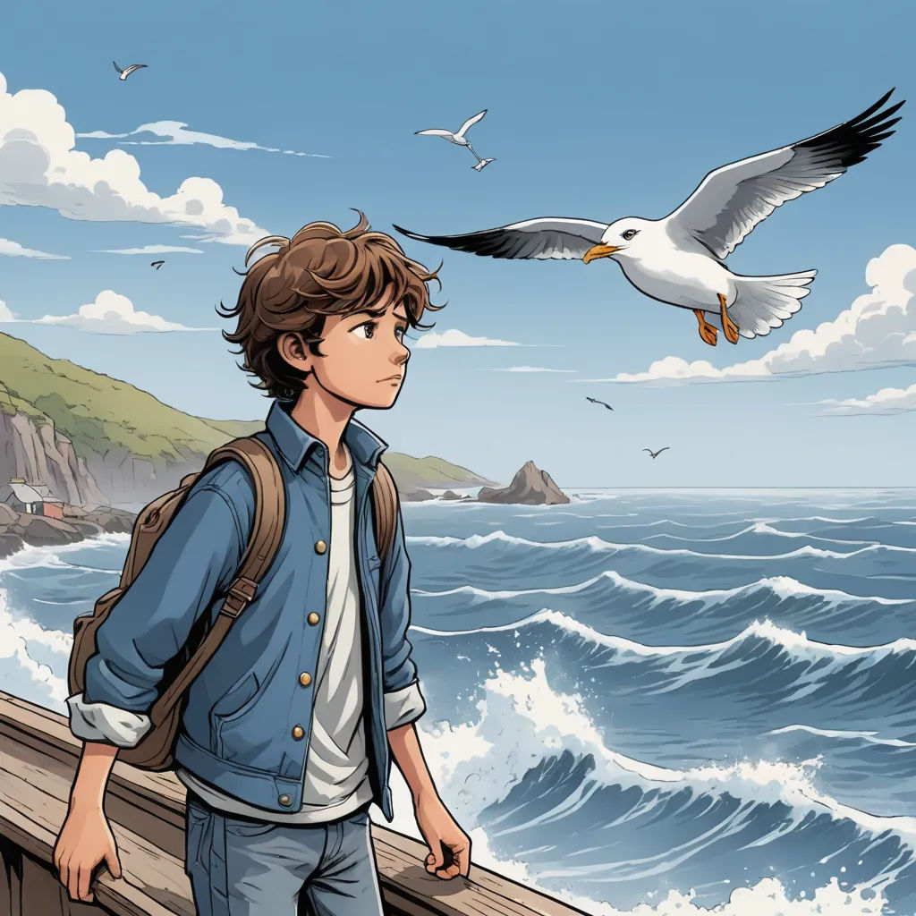 a man standing on a pier looking at a seagull flying over him and a bird flying over him, fantasy art, a comic book panel, Cliff Childs, graphic novel