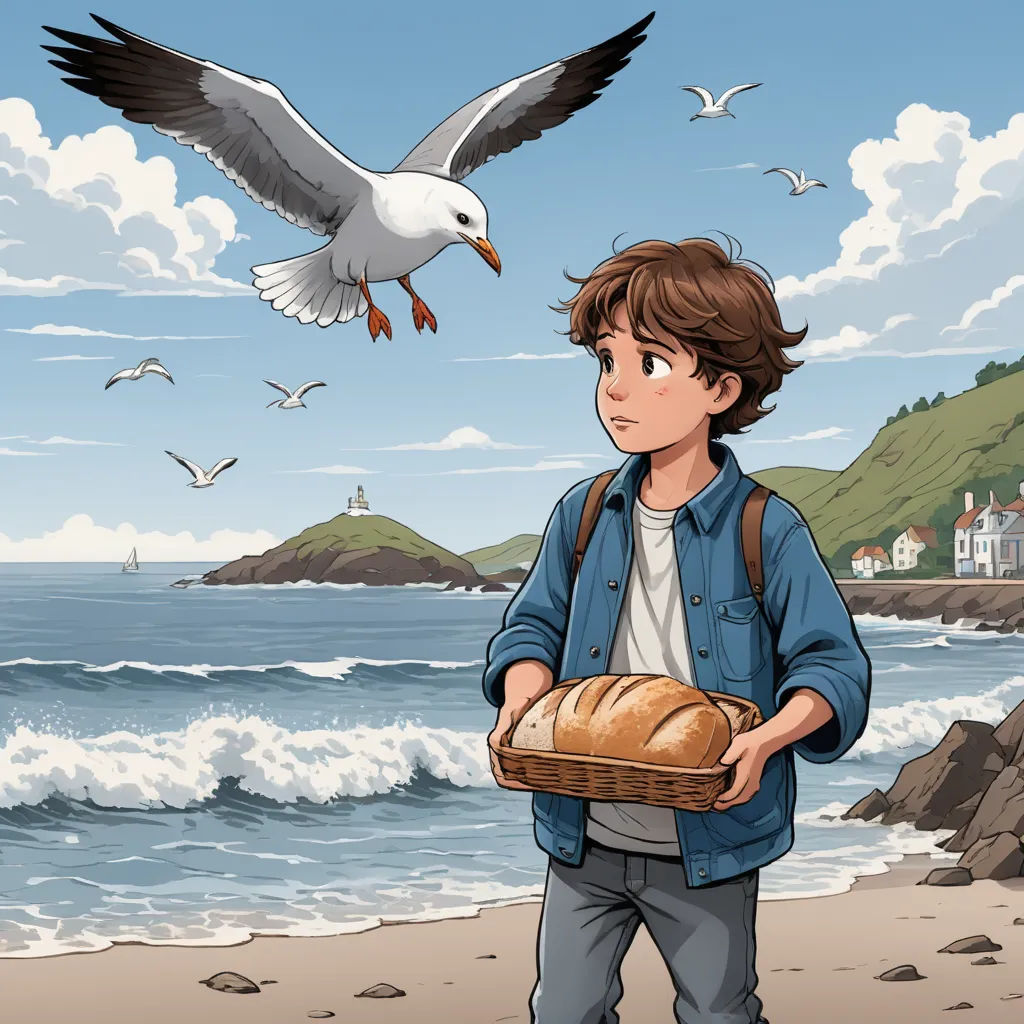 a boy holding a loaf of bread on a beach with a seagull flying above him and a lighthouse in the background, magical realism, a storybook illustration, Cliff Childs, comic cover art