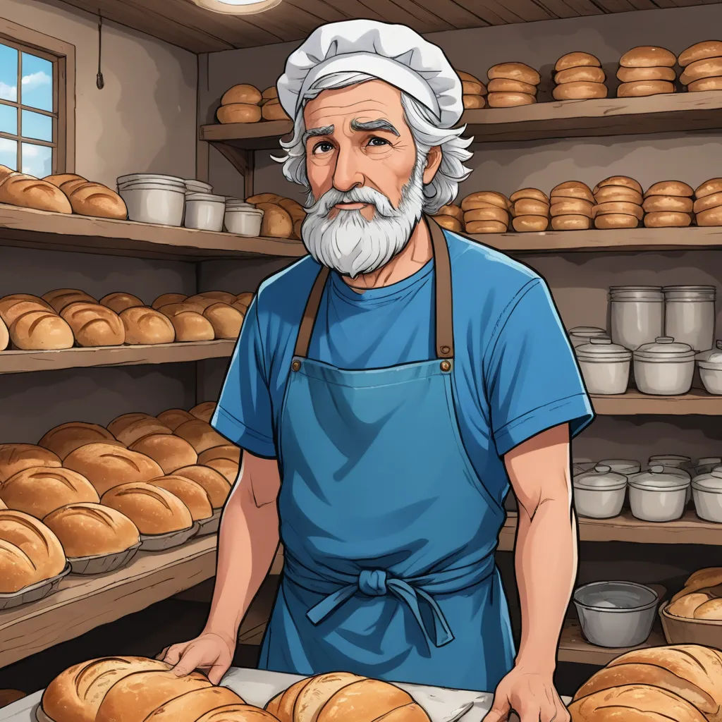 a man in a bakery with a bunch of breads on a shelf behind him and a lot of shelves with breads, remodernism, a stock photo, Dan Content, game art