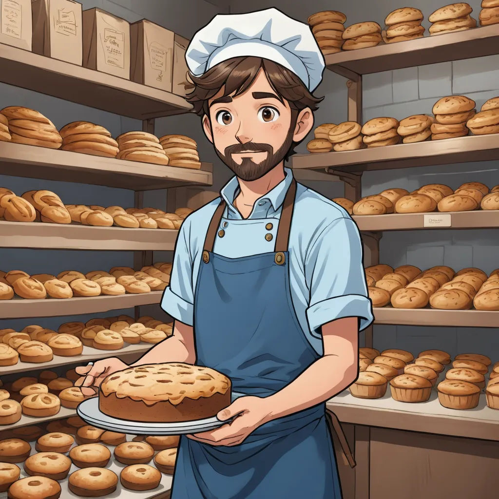 a man holding a plate of food in front of a bakery shelf filled with donuts and other baked goods, remodernism, a character portrait, Dan Content, official art