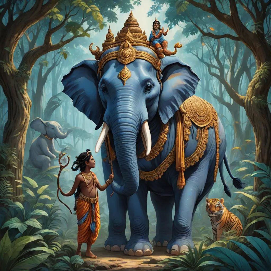 a painting of a man and an elephant in the jungle with tigers around them and a woman standing on the elephant, sumatraism, a detailed painting, Christophe Vacher, highly detailed digital painting