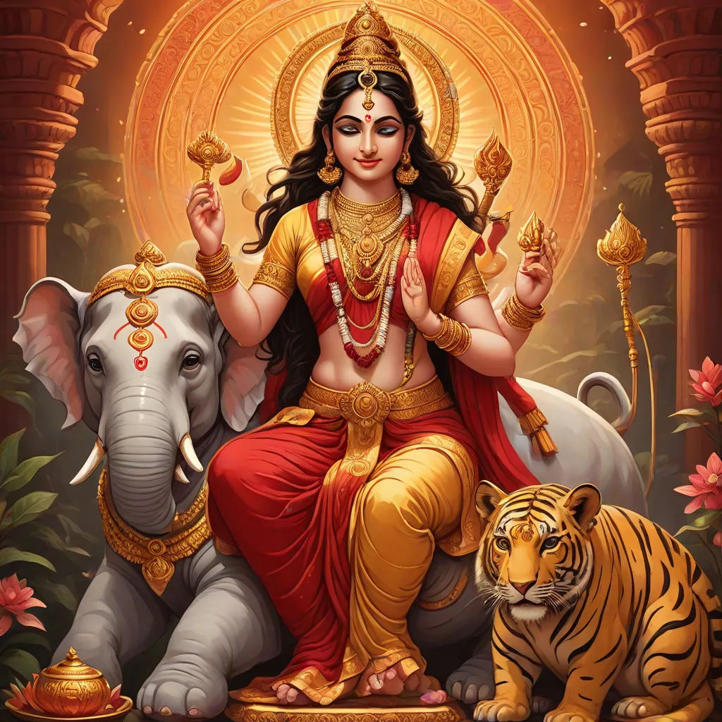 a painting of a woman sitting on a elephant with a tiger nearby in a temple setting with a tiger, samikshavad, a detailed painting, Ella Guru, maya
