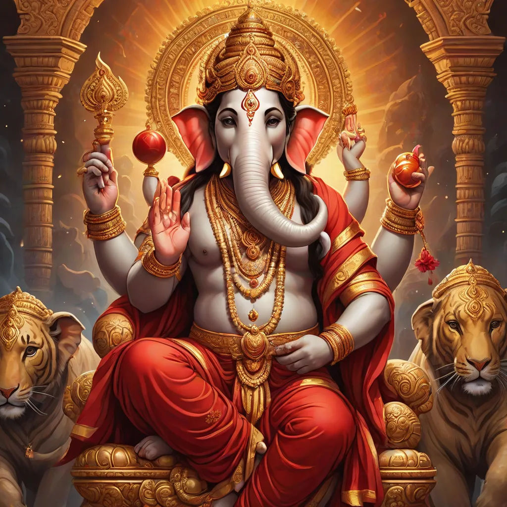 a painting of a god sitting on a throne surrounded by lions and lions in the background, with a golden frame, samikshavad, a detailed painting, Ella Guru, divinity