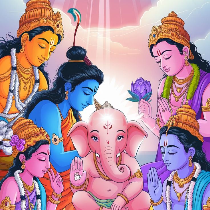 The heavens echoed with celebrations as the gods welcomed Ganesha, their love for the unique child apparent.