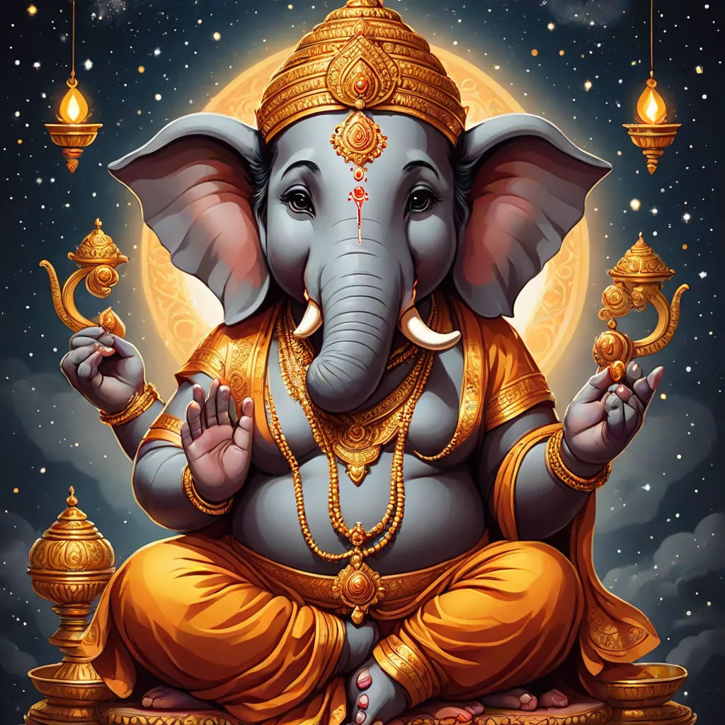 a painting of an elephant with a golden crown on its head and a moon in the background with lights, samikshavad, computer graphics, Ella Guru, divinity