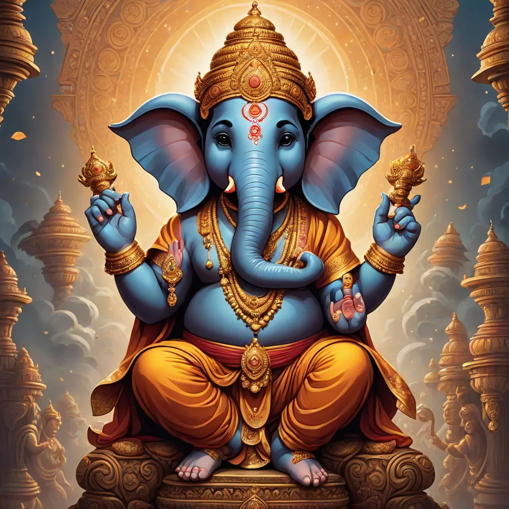 a painting of a ganeshi sitting on a pedestal with a golden crown on it's head, samikshavad, a detailed painting, Ella Guru, highly detailed digital painting