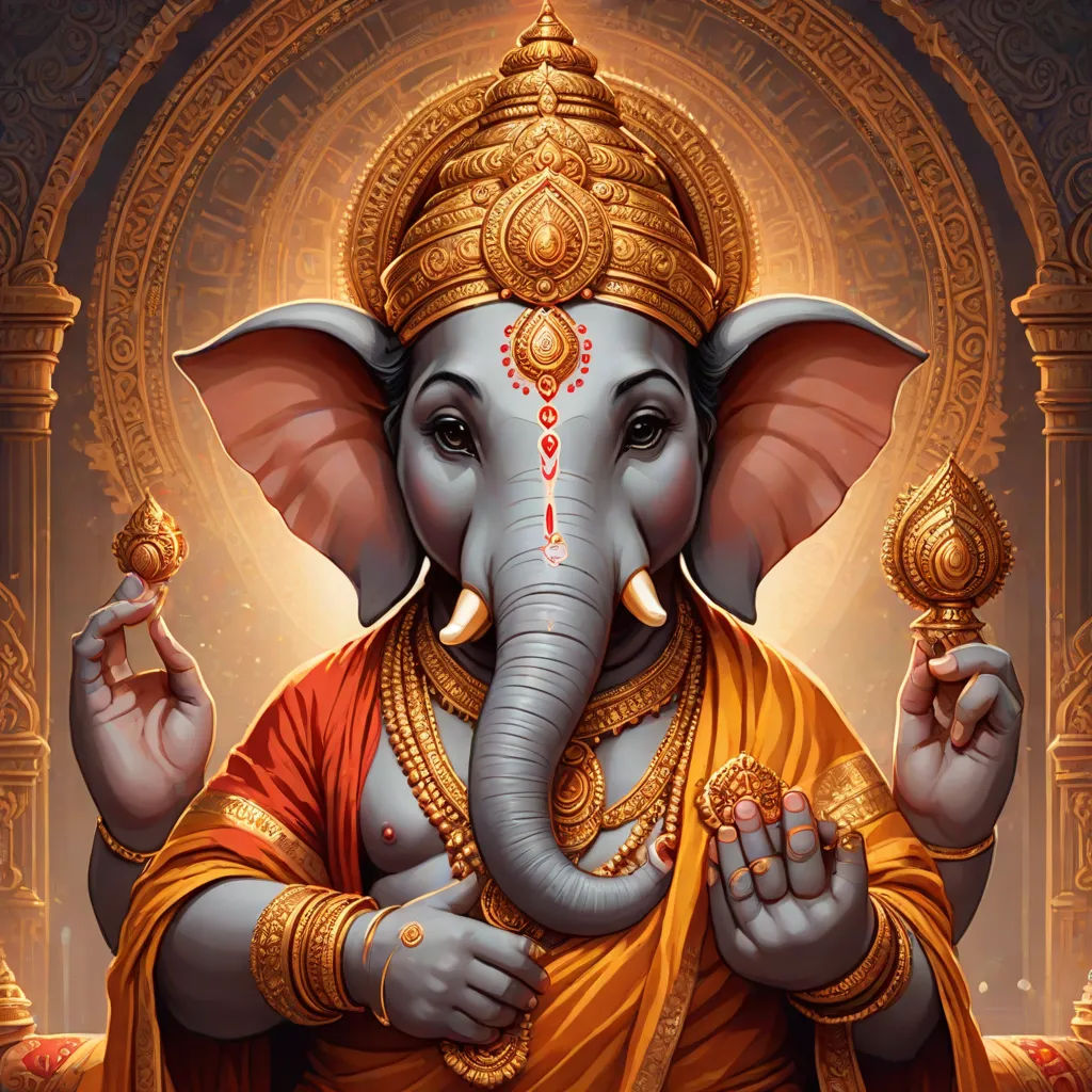 a painting of an elephant with a golden crown on its head and a golden ring around its neck, with a golden ring around its trunk, samikshavad, a detailed painting, Ella Guru, highly detailed digital painting