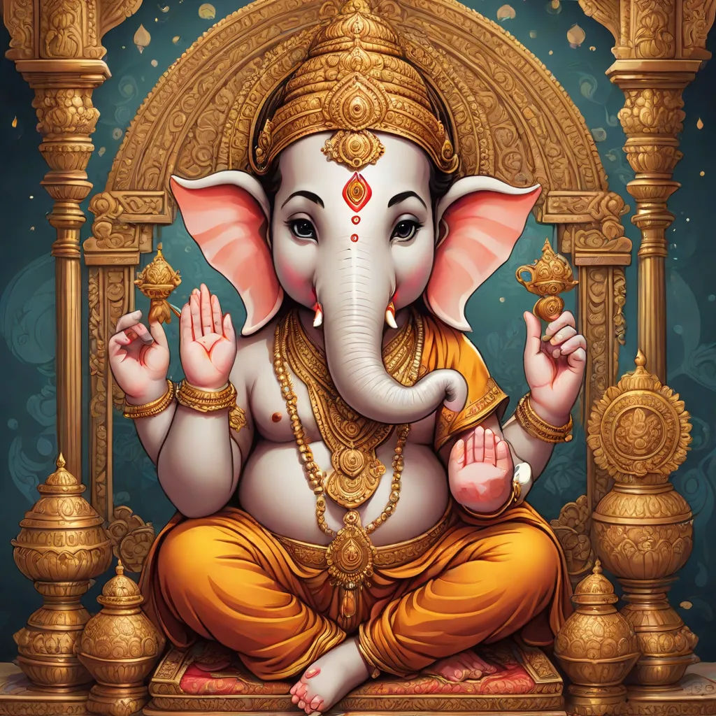 a painting of a ganeshi sitting on a throne with a gold crown on it's head, samikshavad, a digital painting, Ella Guru, professional digital painting