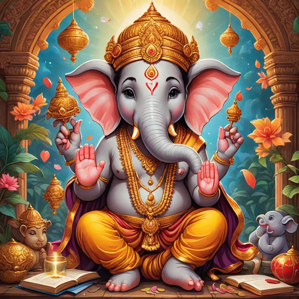 a painting of a ganeshi with a book and a mouse on the ground in front of it, samikshavad, computer graphics, Ella Guru, professional digital painting
