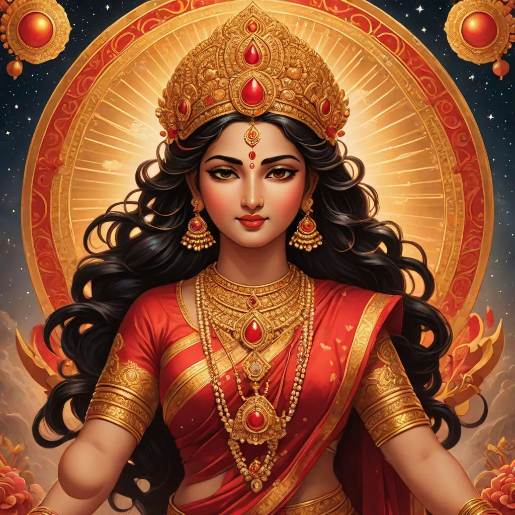 a painting of a woman in a red and gold outfit with a golden crown on her head and a red and gold background, samikshavad, a detailed painting, Ella Guru, divine