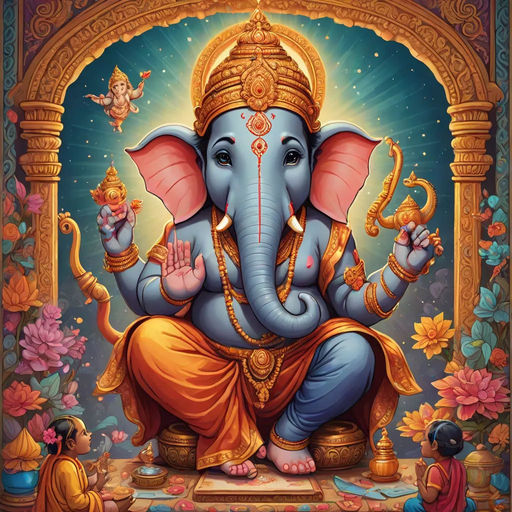 a painting of a ganesha sitting in a doorway with flowers around it and a man standing next to it, samikshavad, a detailed painting, Ella Guru, highly detailed digital painting