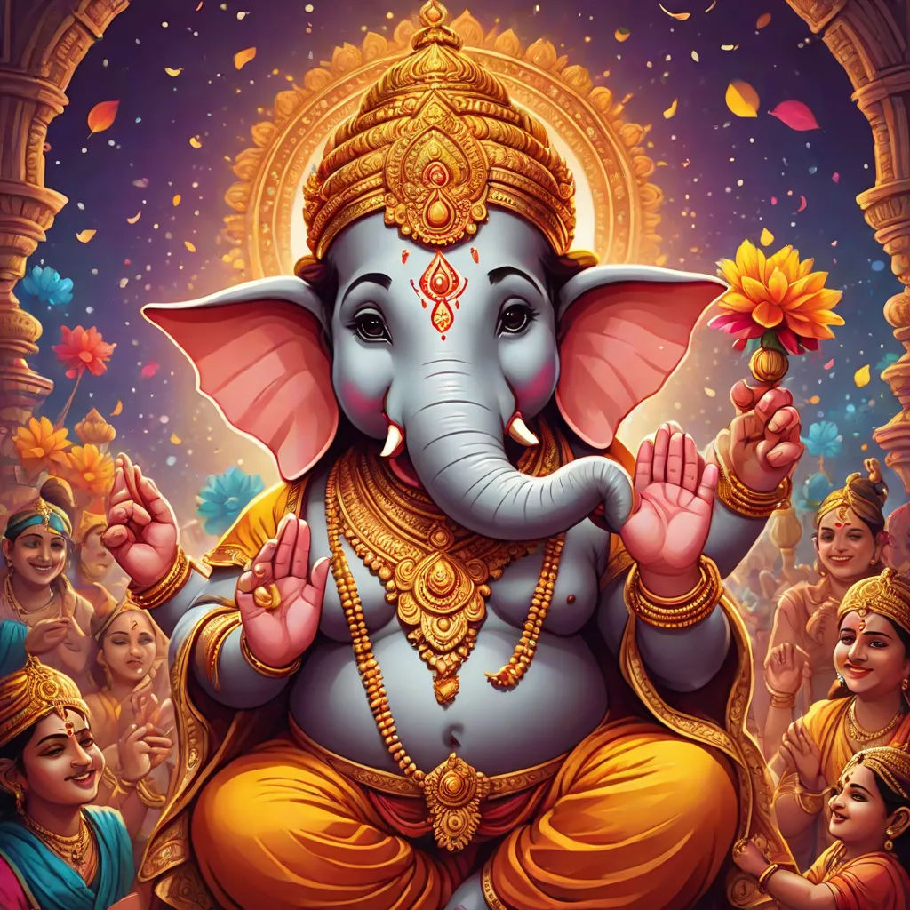 a painting of a ganeshi with a flower in his hand and a crowd of people around him, samikshavad, a detailed painting, Ella Guru, official art