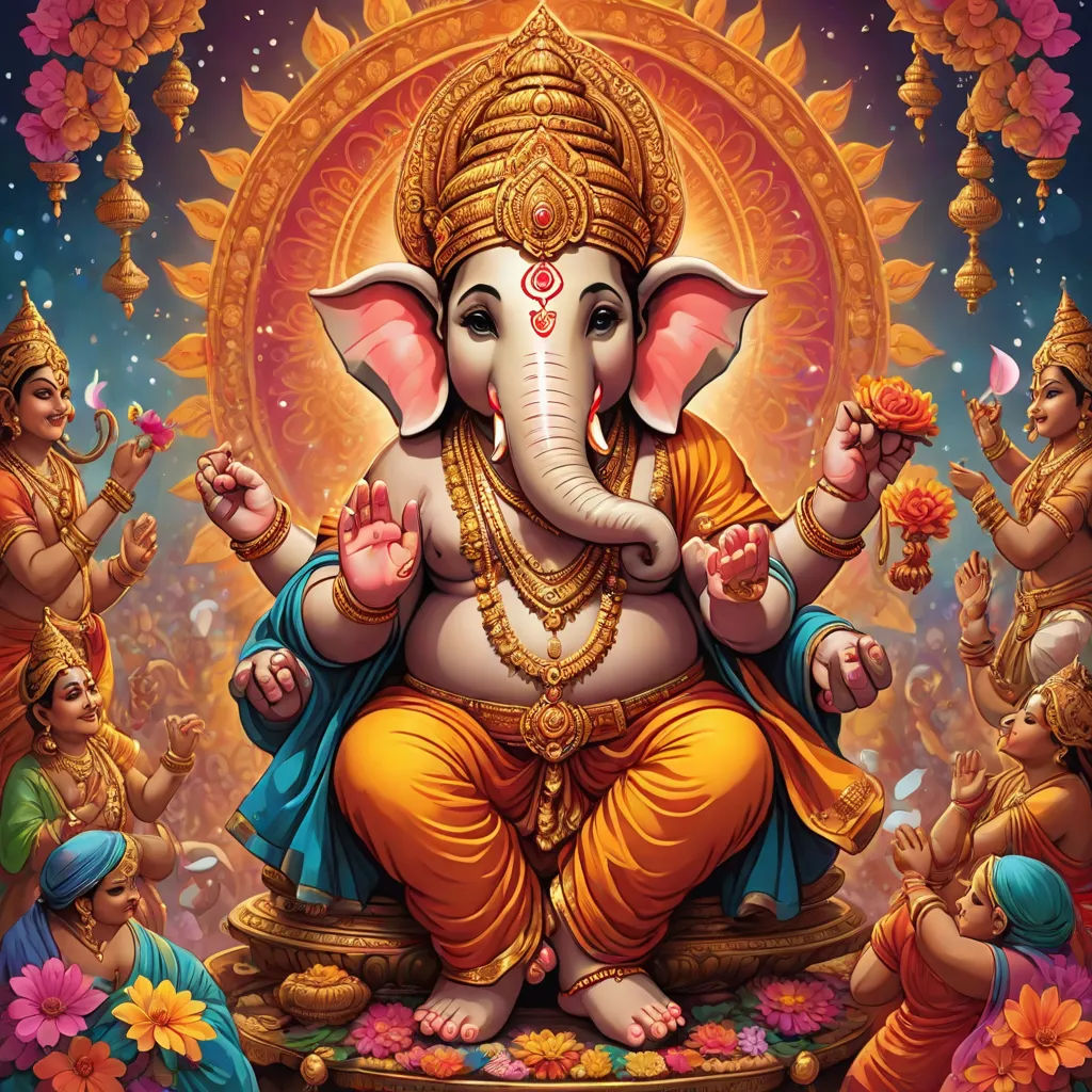 a painting of a ganesha surrounded by other people and flowers in the background, with a bright yellow circle around the elephant, samikshavad, a detailed painting, Ella Guru, official art