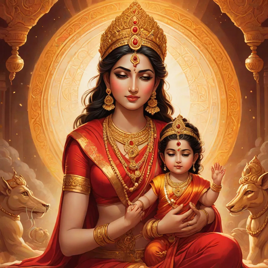 a painting of a woman holding a child in her lap with a cow in the background and a golden circle behind her, samikshavad, a detailed painting, Ella Guru, divine