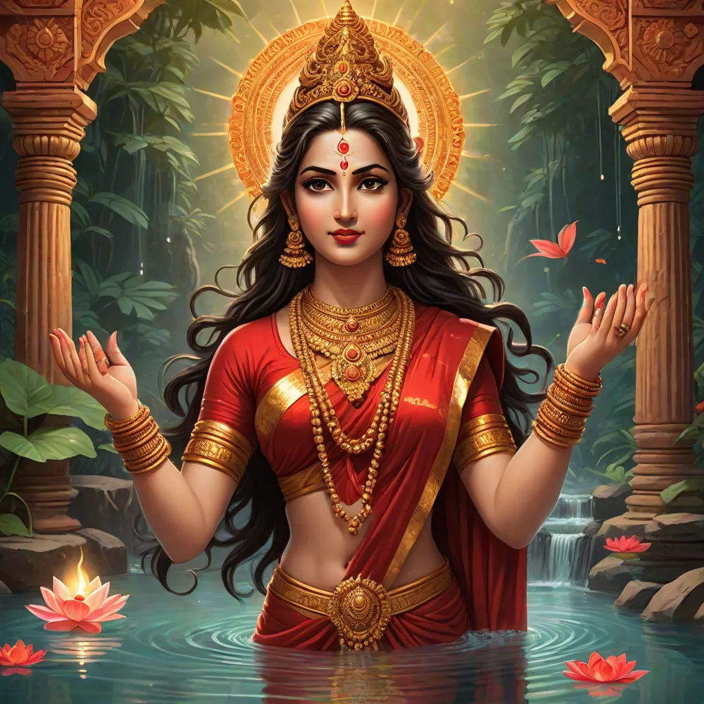 a painting of a woman in a red sari and gold jewelry standing in a pond with a waterfall, bengal school of art, a detailed painting, Ella Guru, divinity