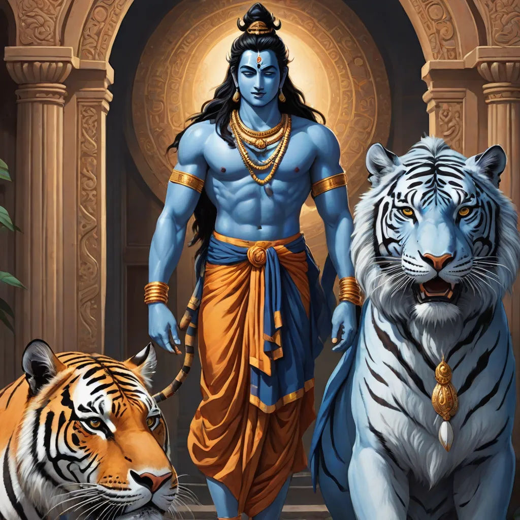 a painting of a man standing next to two tigers and a tiger in front of a doorway with a doorway, bengal school of art, a fine art painting, Bholekar Srihari, highly detailed digital painting