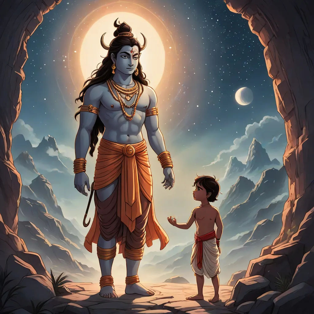 a painting of a man and a boy standing in a cave with a moon in the background and a sky with stars, samikshavad, a storybook illustration, Ella Guru, sense of awe