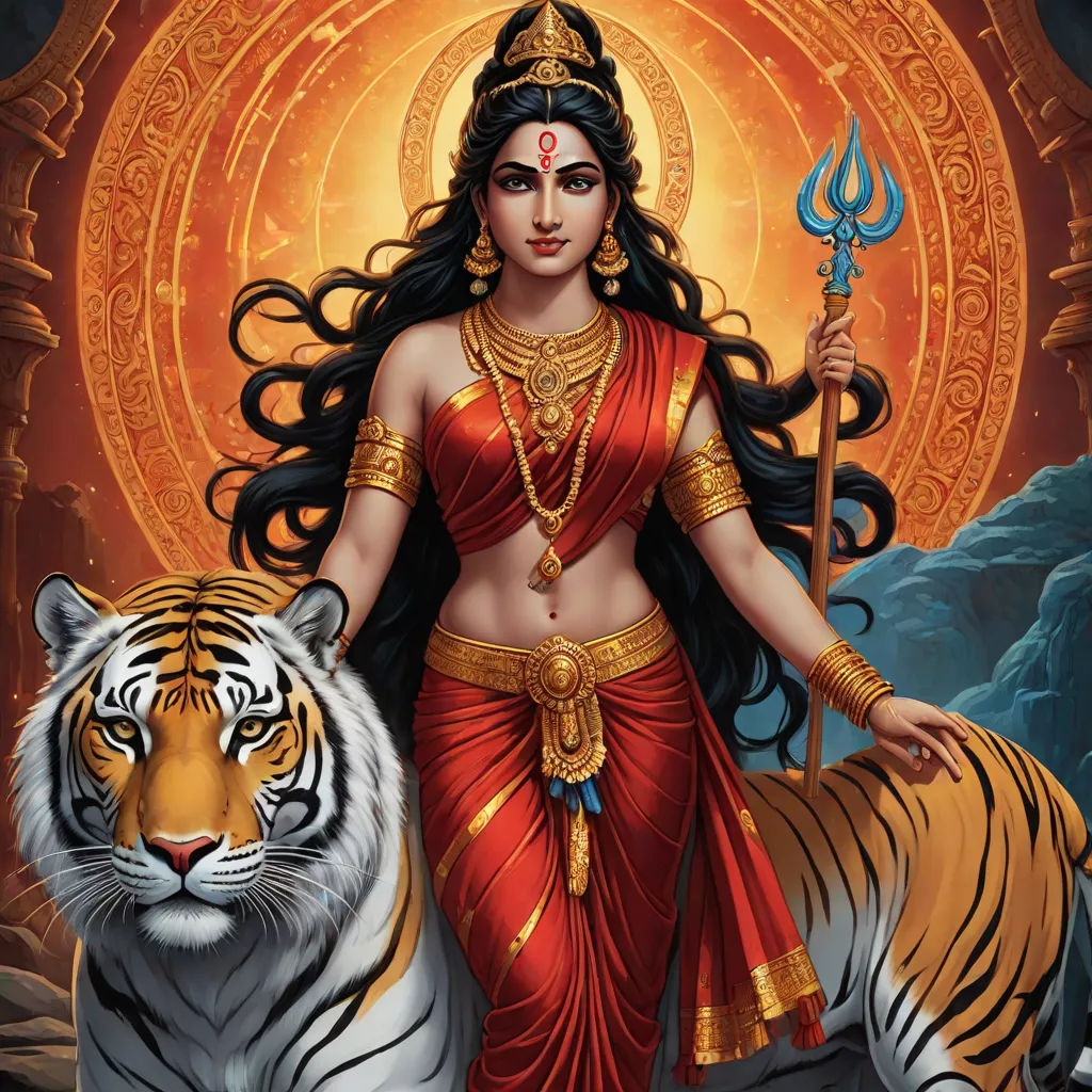 a woman in a red dress with a tiger and a tiger on her lap, and a tiger behind her, bengal school of art, a detailed painting, Ella Guru, maya