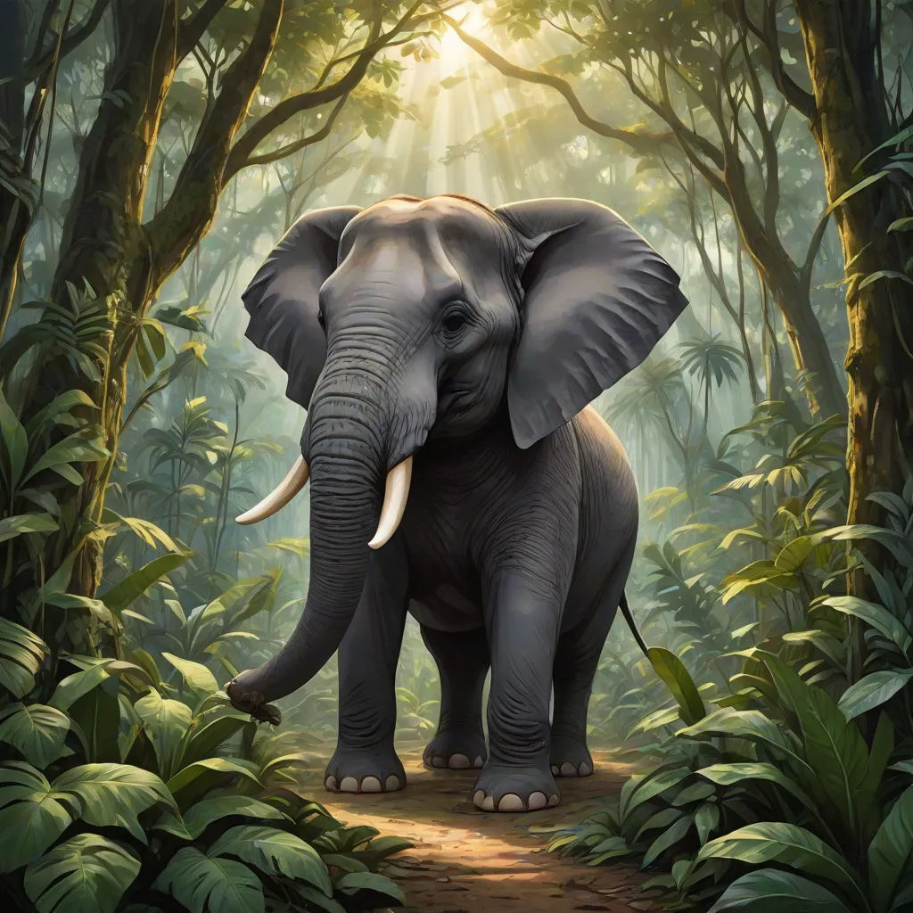 an elephant is walking through a jungle with trees and plants on the ground and sunlight shining through the trees, sumatraism, a digital painting, Chris LaBrooy, highly detailed digital painting