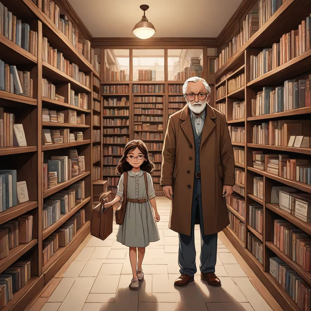 a man and a little girl standing in a library with bookshelves full of books and a man in a brown coat, magical realism, a storybook illustration, Evgeny Lushpin, official art