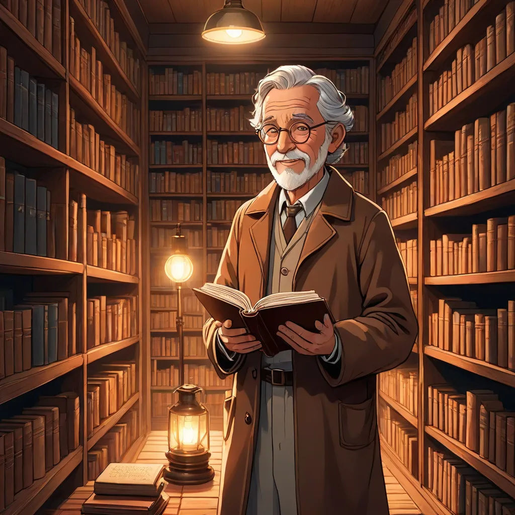 a man reading a book in a library with a lamp on the floor and bookshelves behind him, magical realism, a storybook illustration, Evgeny Lushpin, official art