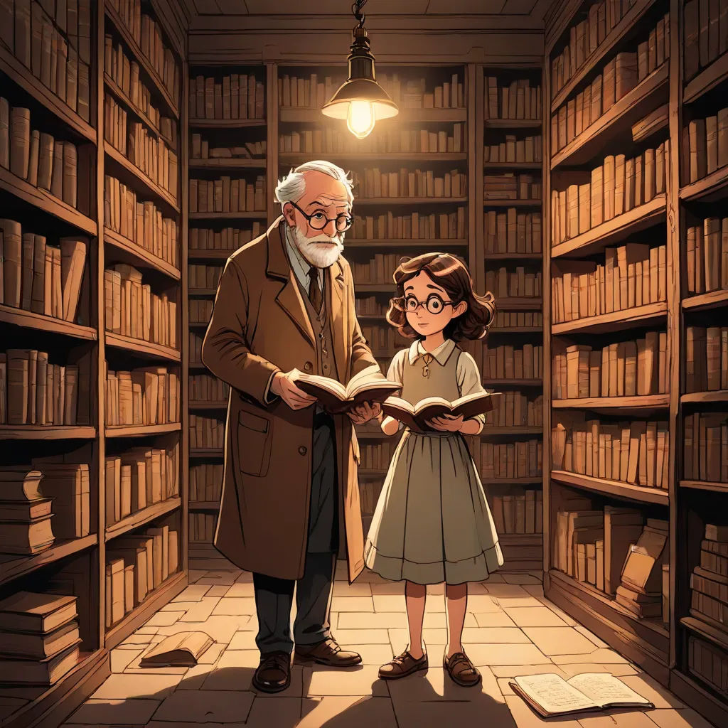 a man and a little girl standing in a library reading a book together, with a light above them, fantasy art, a storybook illustration, Diego Gisbert Llorens, official art