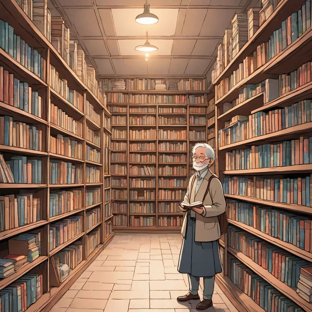 a man standing in a library with a lot of books on shelves behind him and a light above him, remodernism, a storybook illustration, Don Bluth, ghibli