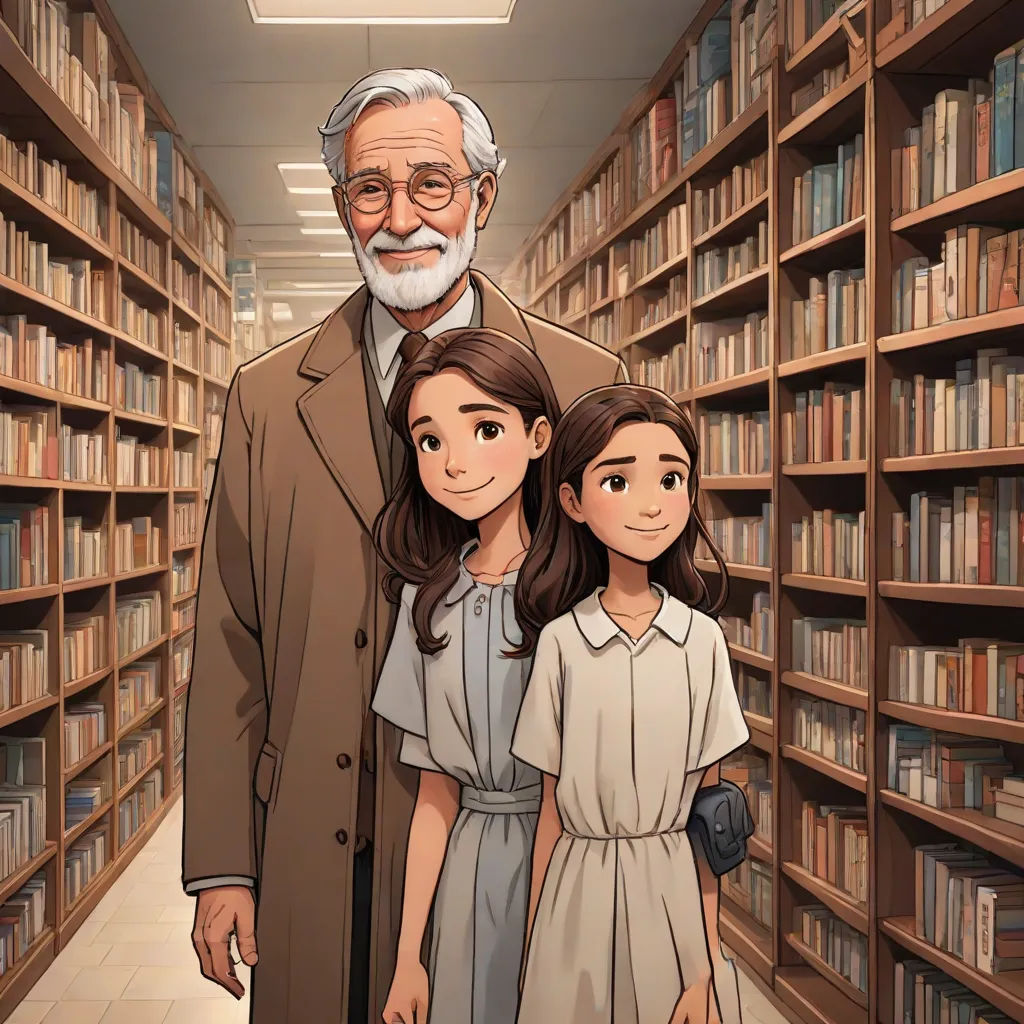 a man and two girls standing in a library with bookshelves behind them and a man in a brown coat, magical realism, a storybook illustration, Cliff Childs, official art