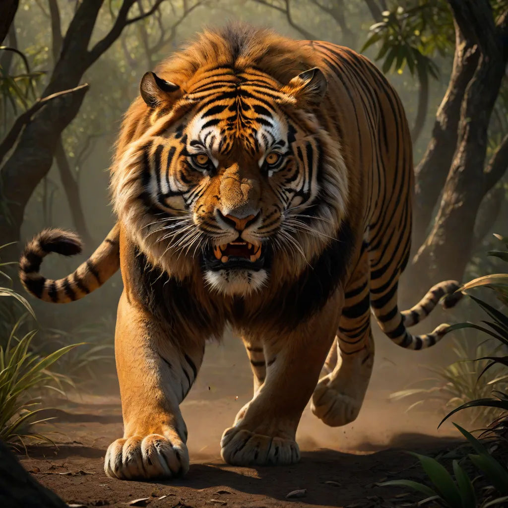 a tiger walking through a forest filled with trees and bushes, with its mouth open and eyes wide open, Clint Cearley, photorealism, a photorealistic painting, weta digital