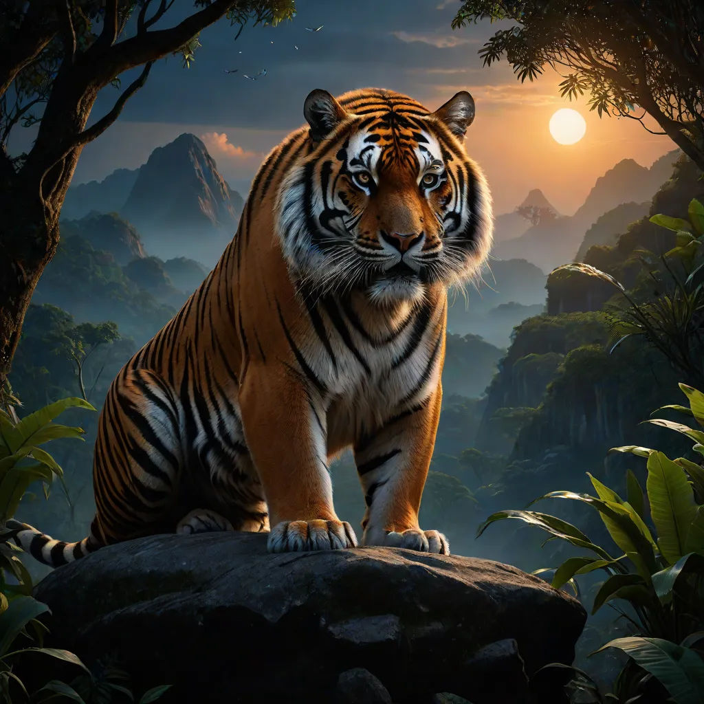 a tiger sitting on a rock in a jungle at sunset with the sun behind it and trees and mountains, Eddie Mendoza, fantasy art, a detailed matte painting, highly detailed digital painting