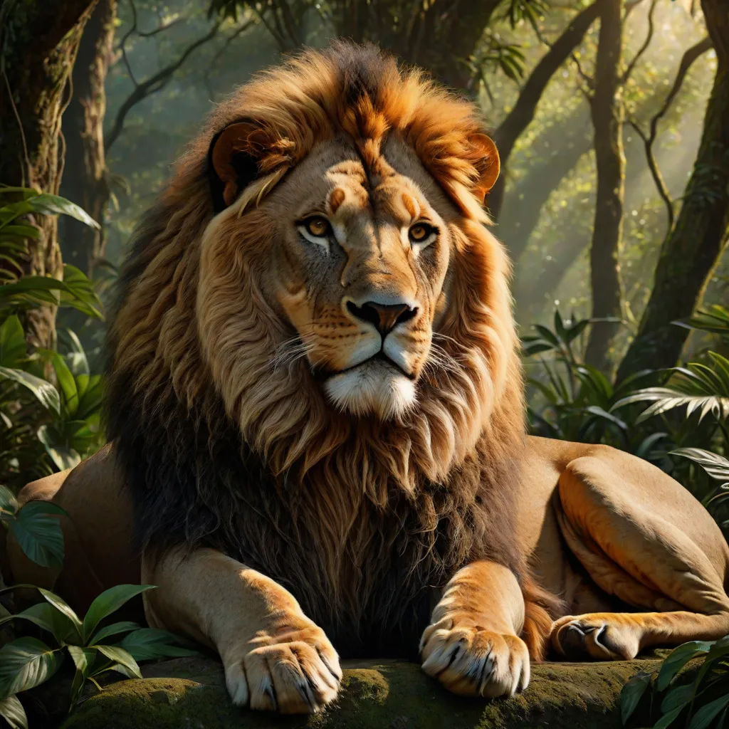 a lion laying down in the middle of a forest with trees and bushes around it's edges and a bright light shining on the top of the lion's head, Edward George Handel Lucas, photorealism, a photorealistic painting, photoreal