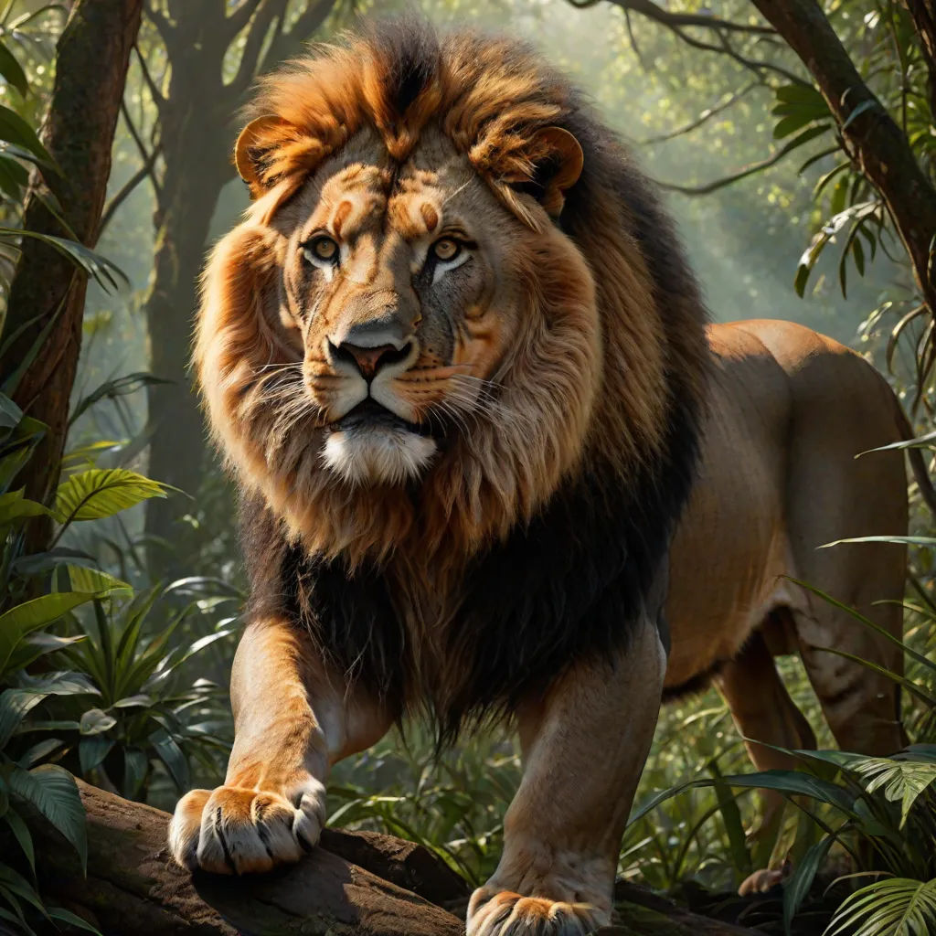 a lion walking through a jungle with trees and bushes behind it, with a light shining on its face, Chris LaBrooy, photorealism, a detailed matte painting, photoreal