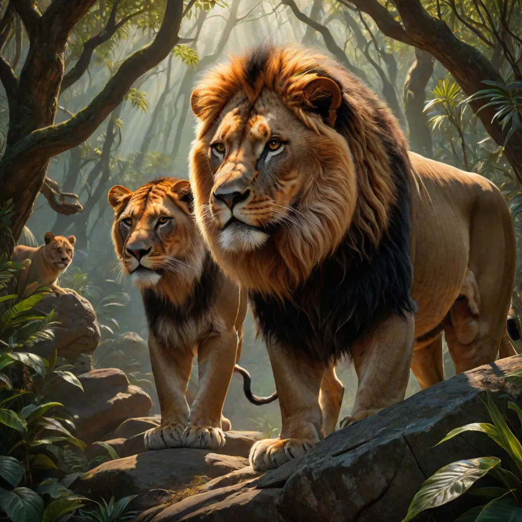 a painting of two lions walking in the jungle with trees and rocks in the background and sunlight streaming through the trees, Brothers Hildebrandt, photorealism, a detailed matte painting, photoreal