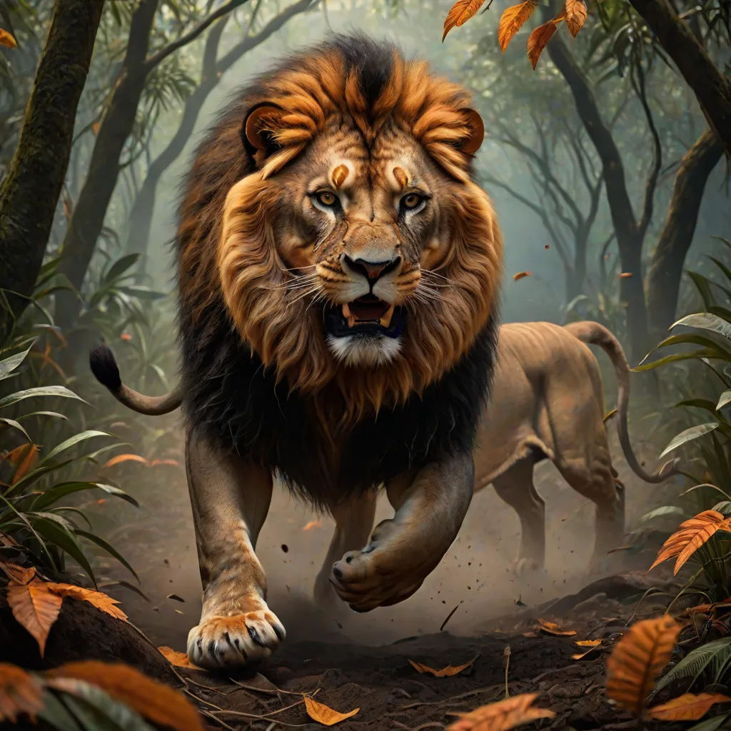 a lion running through a forest with leaves on the ground and trees in the background, with a light shining on the lion's face, Anne Stokes, fantasy art, a digital painting, photoreal