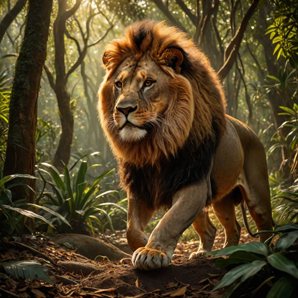 a lion walking through a jungle with trees in the background and sunlight shining through the trees on the ground, Chris LaBrooy, photorealism, a matte painting, photoreal