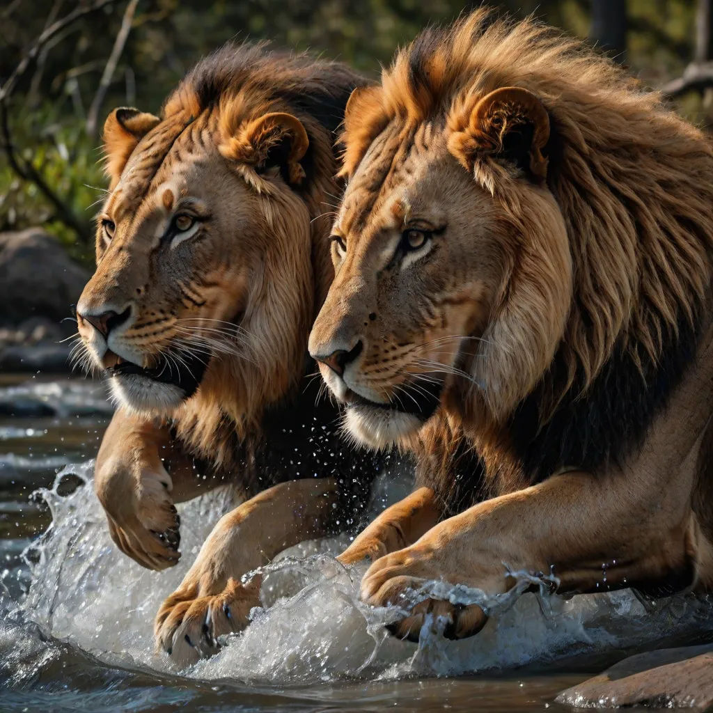 two lions are playing in the water together in the wild together, one is jumping and the other is running, Brothers Hildebrandt, naturalism, an oil painting, wildlife photography