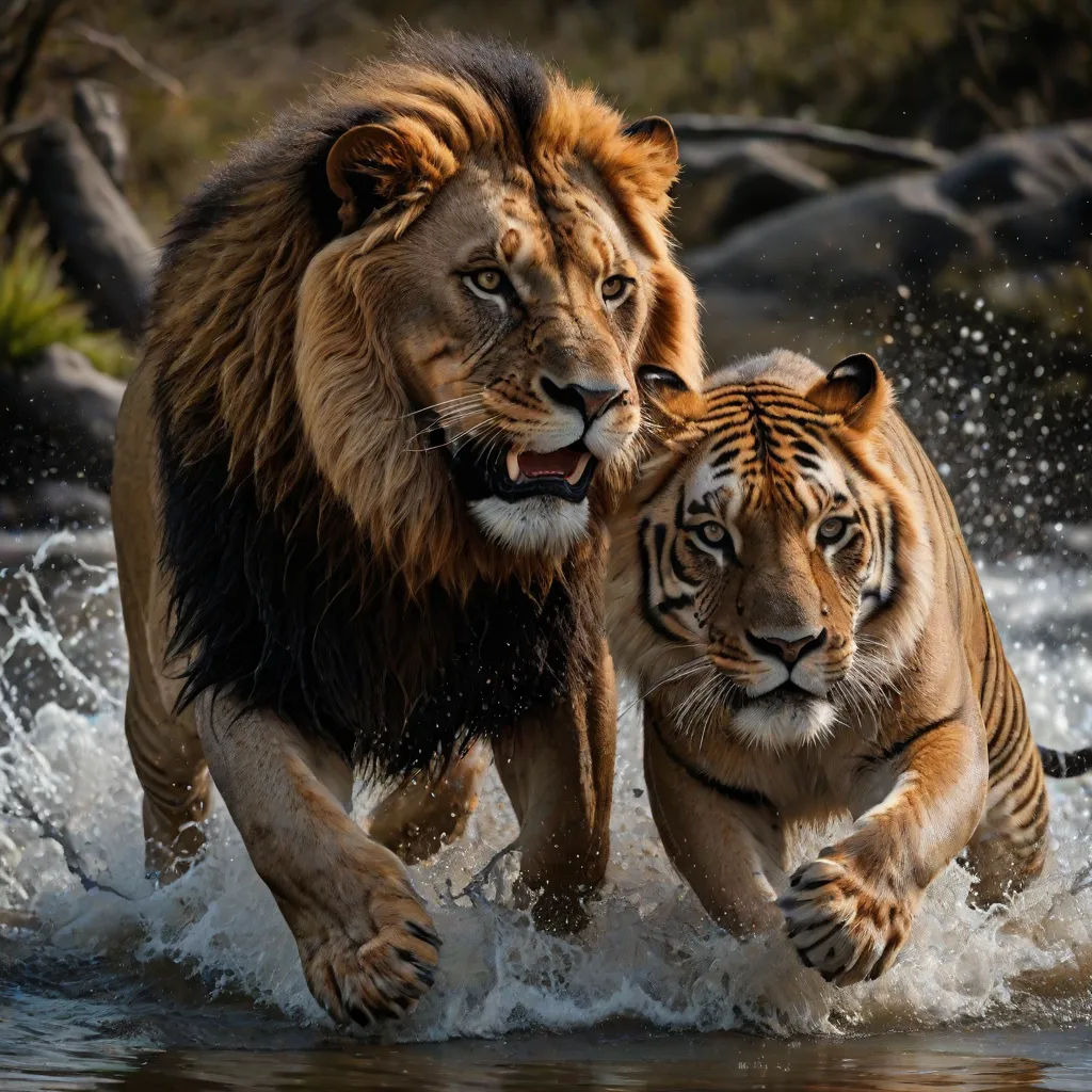 two tigers running through a body of water together, one of them is looking at the camera and the other is running towards the camera, Brothers Hildebrandt, naturalism, a photorealistic painting, wildlife photography