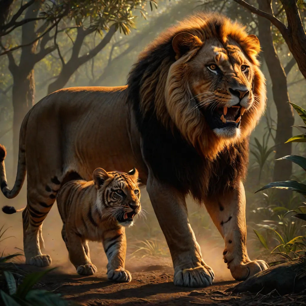 a lion and a tiger walking in the jungle together, with trees in the background and sunlight shining through the leaves, Brothers Hildebrandt, photorealism, a digital painting, official art