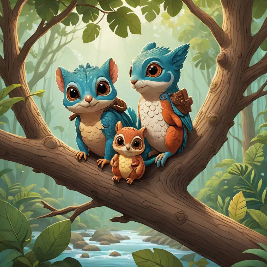 a painting of three little birds sitting on a tree branch in a forest with a stream in the background, official art, fantasy art, a digital painting, Chris LaBrooy