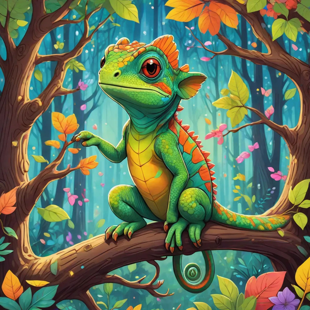 a painting of a lizard sitting on a tree branch in a forest with leaves and flowers around it, with a blue background, fantasy illustration, fantasy art, a character portrait, Chris LaBrooy