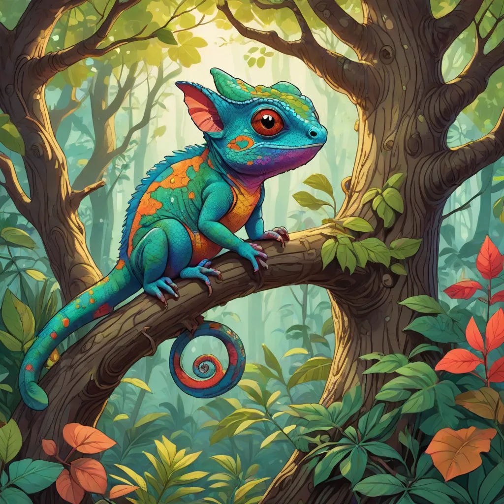 a colorful lizard sitting on a tree branch in a forest with leaves and flowers around it, with a green background, affinity photo, fantasy art, a digital painting, Chris LaBrooy