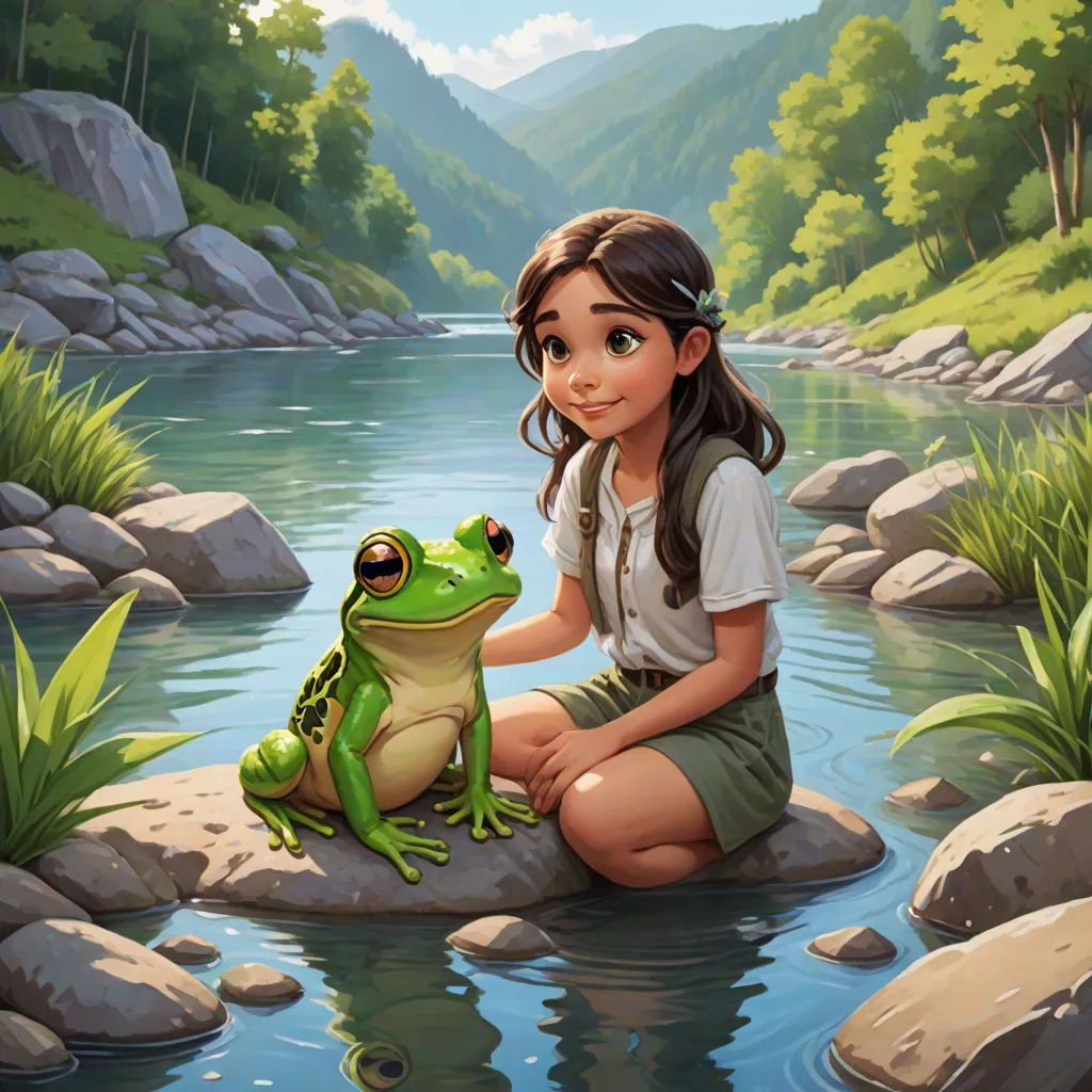 a girl sitting on a rock with a frog in front of her and a mountain river behind her, with a mountain range in the background, official art, fantasy art, a storybook illustration, Cliff Childs