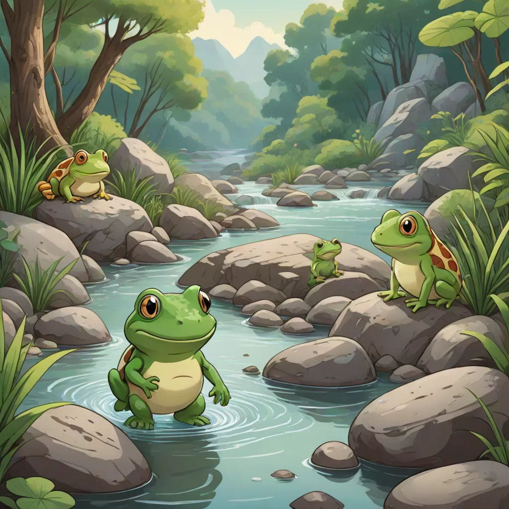 a river with two frogs sitting on rocks and a forest with rocks and trees in the background and a stream running between them, game art, fantasy art, a storybook illustration, Andries Stock