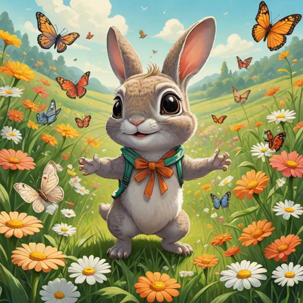 a painting of a rabbit in a field of flowers and butterflies with a butterfly in the background and a butterfly in the foreground, rossdraws global illumination, altermodern, a detailed painting, Aaron Jasinski