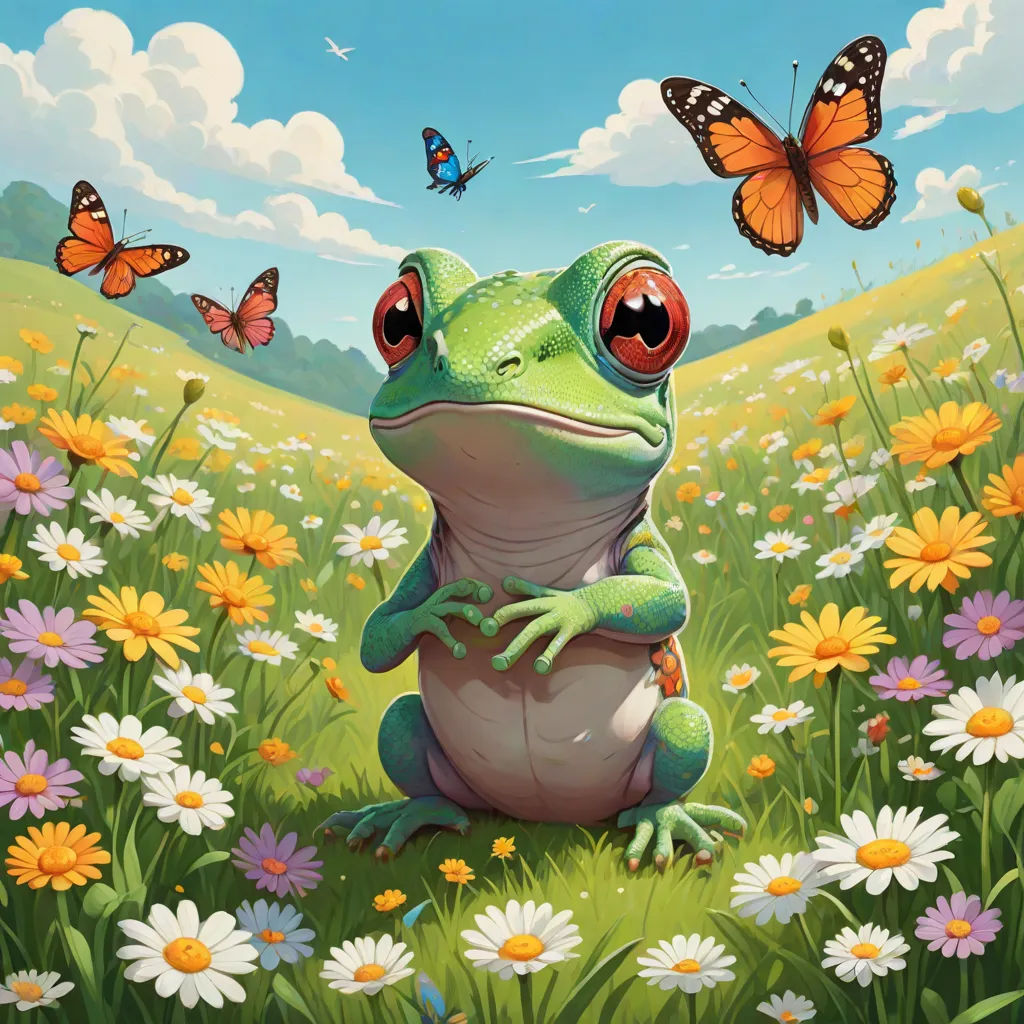 a frog sitting in a field of flowers with butterflies flying around it and a butterfly on the top of the frog, magic the gathering artwork, fantasy art, a digital painting, Chris LaBrooy