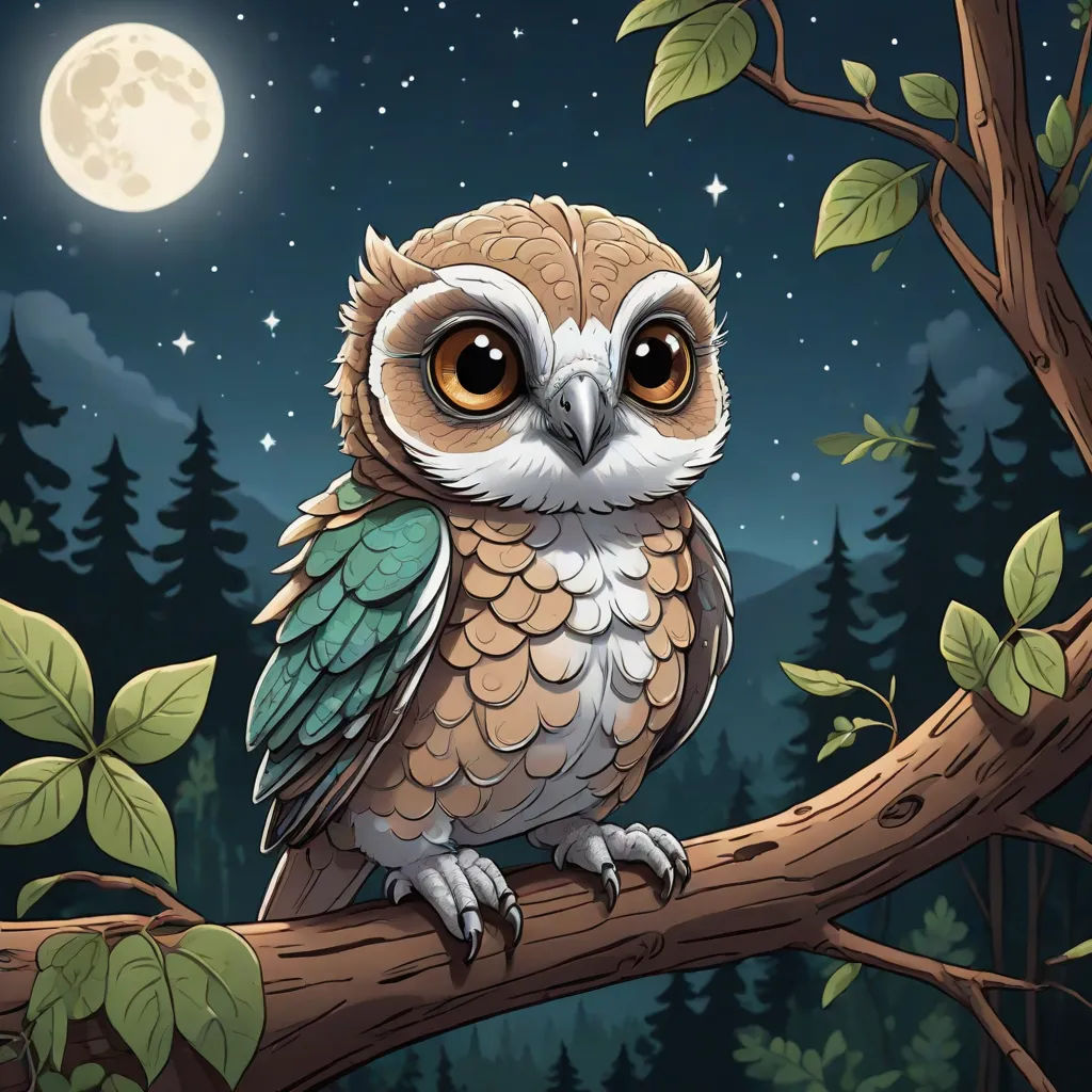 a cartoon owl sitting on a branch in a forest at night with the moon in the background and stars in the sky, trending on art station, fantasy art, a storybook illustration, Dan Mumford