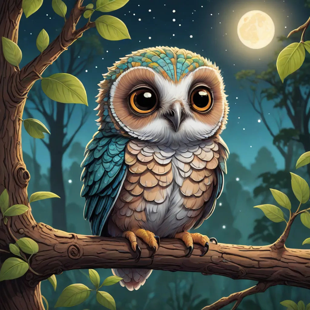 a painting of an owl sitting on a branch in a forest at night with the moon in the background, highly detailed digital painting, fantasy art, a storybook illustration, Dan Mumford