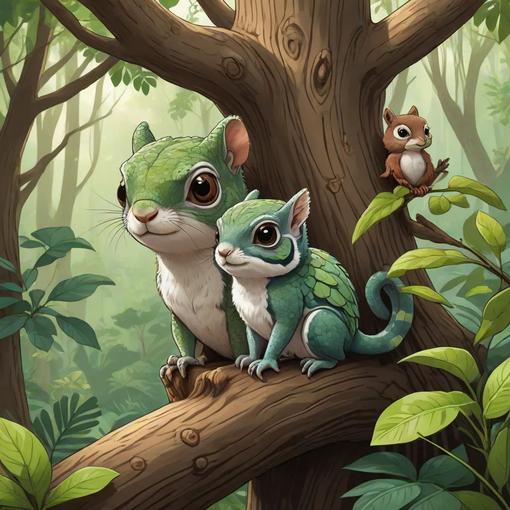 a couple of animals that are sitting on a tree branch in the forest together, with a squirrel on the branch, official art, fantasy art, a storybook illustration, Chris LaBrooy