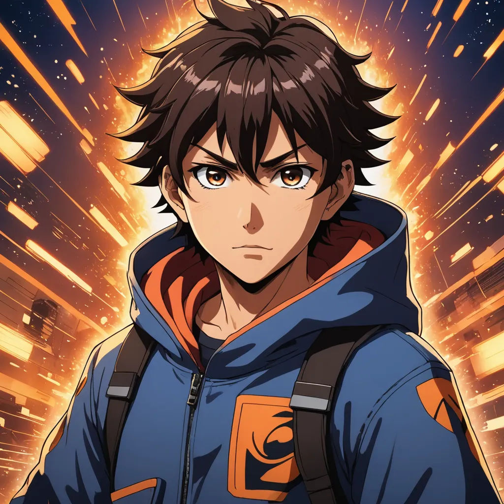 a man in a blue jacket with a backpack on his shoulder and a city in the background with bright lights, space art, a character portrait, Aguri Uchida, anime key visual
